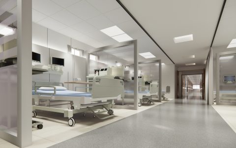 Modern Luxury Hospital Room Interior With Empty Bed, Armchair.Modern operation room.Modern operation room.