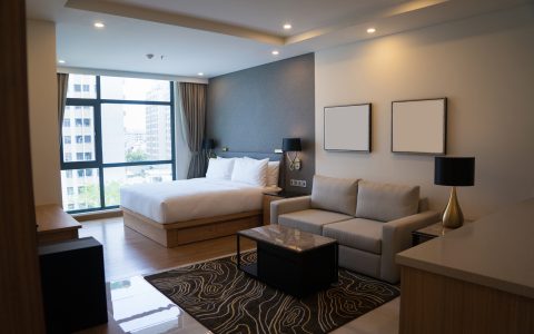 Cozy studio apartment design with bedroom and living space